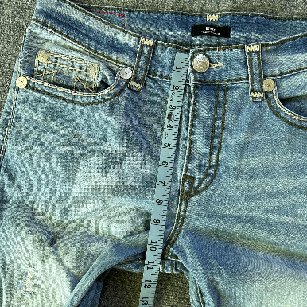 True Religion Ricky Relaxed Straight Jeans Mens 36x34 Blue Light Wash Distressed - Picture 12 of 16